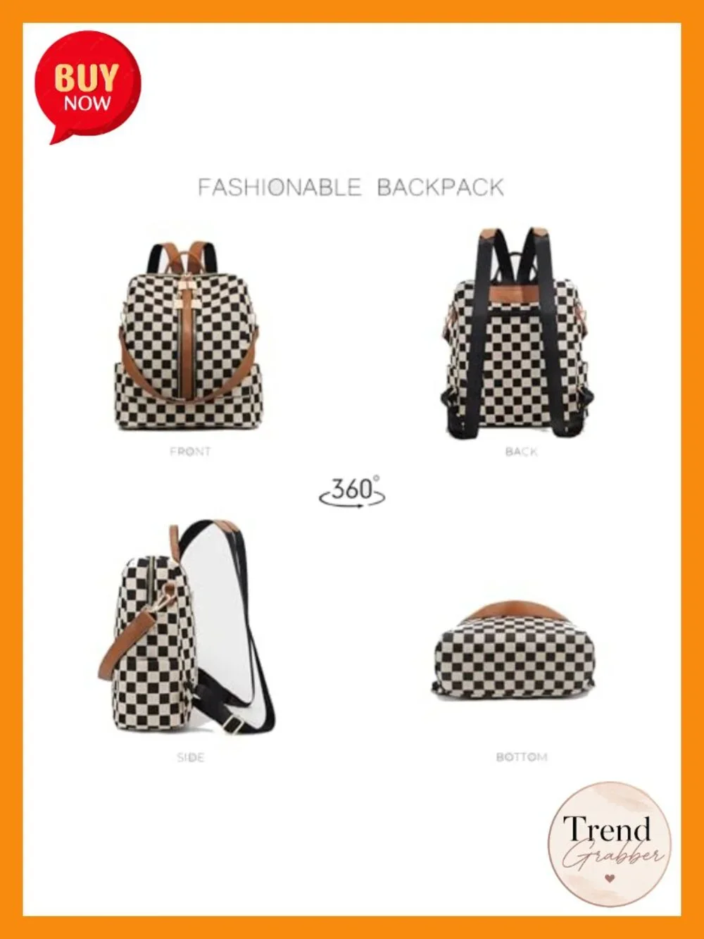 Checkered Fashion Backpack with Detachable Wallet, Canvas & Faux Leather,